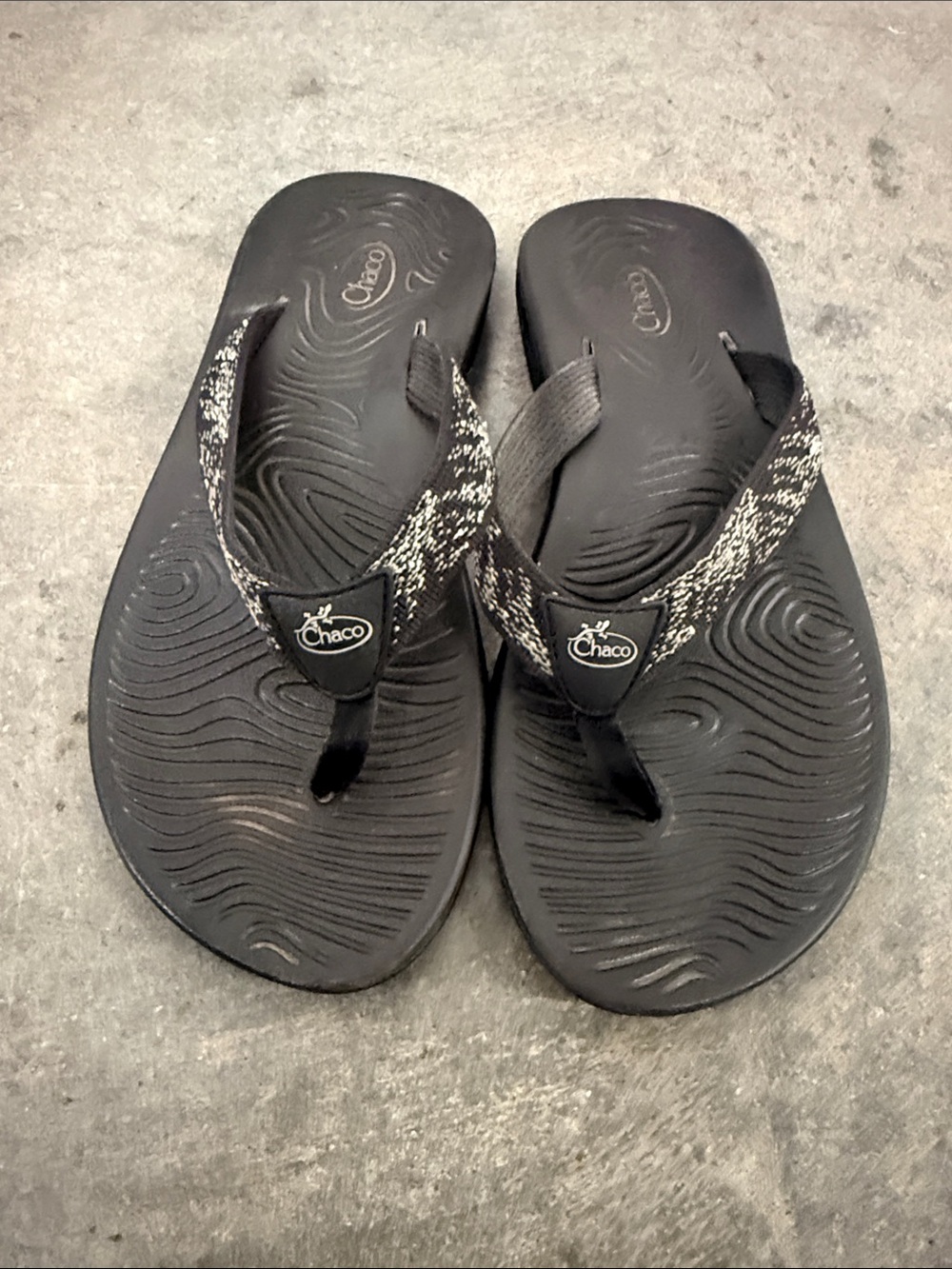 Chaco Black and White Patterned Strap Women's Flip Sandals